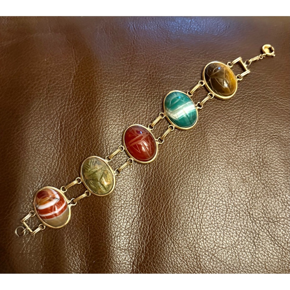 Vintage Bal-Ron 12k GF Semi Precious Stone Scarab Bracelet 8"